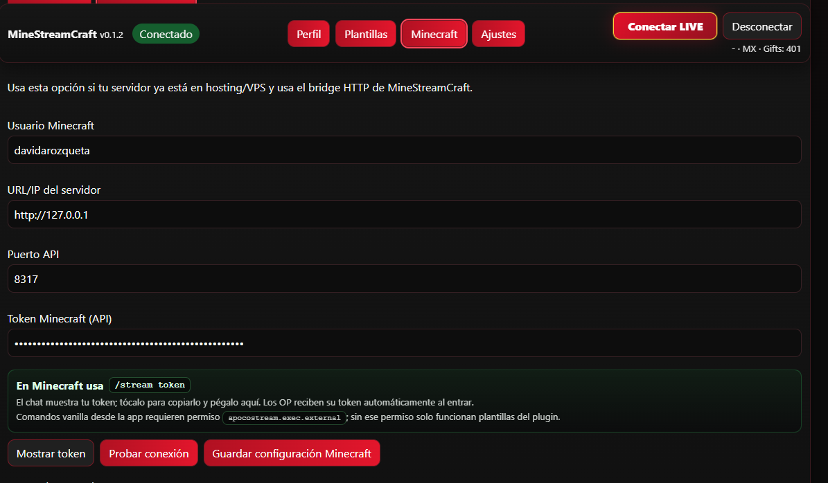 Configuracion de Minecraft con usuario, IP local, puerto y token API