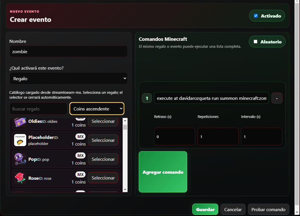 Editor de evento con regalo, comando, repeticiones e intervalo