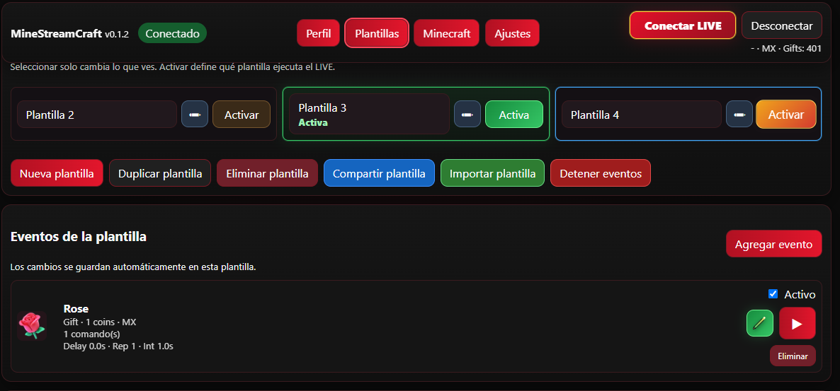 Pantalla de plantillas con eventos activos